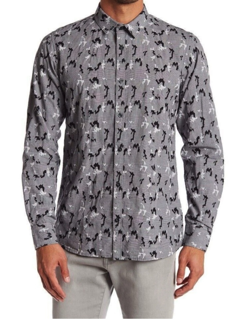 NOIZE Amsterdam Black Grey Puzzle Camo Print Casual Button Down Shirt Men's M